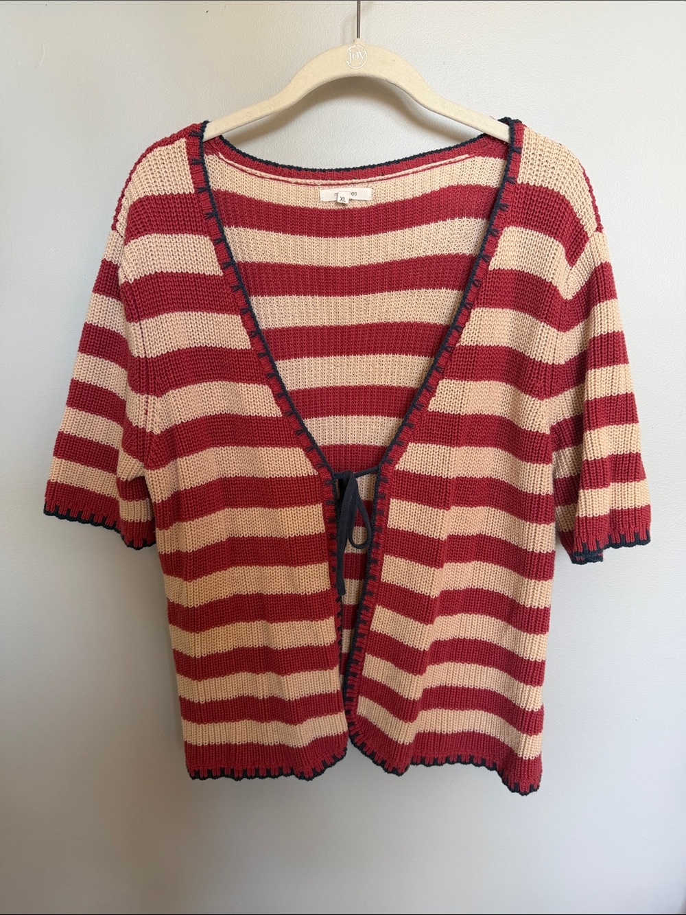 Maurices Red and Cream Striped Short-Sleeve Cardigan with Tie